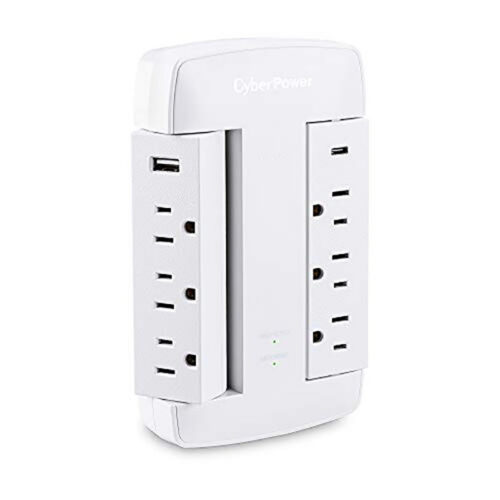 CyberPower CSP600WSURC5 Professional Surge Protector, 900J/125V, 6 Swivel Outlets, 1 USB-C Charge Port, White Wall Tap