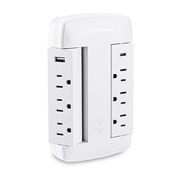 CyberPower CSP600WSURC5 Professional Surge Protector, 900J/125V, 6 Swivel Outlets, 1 USB-C Charge Port, White Wall Tap
